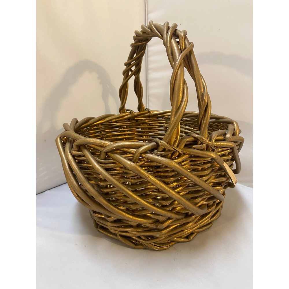 Wicker Basket Unisex Gold Metallic Woven Twisted Handle Centerpiece Wood Holiday